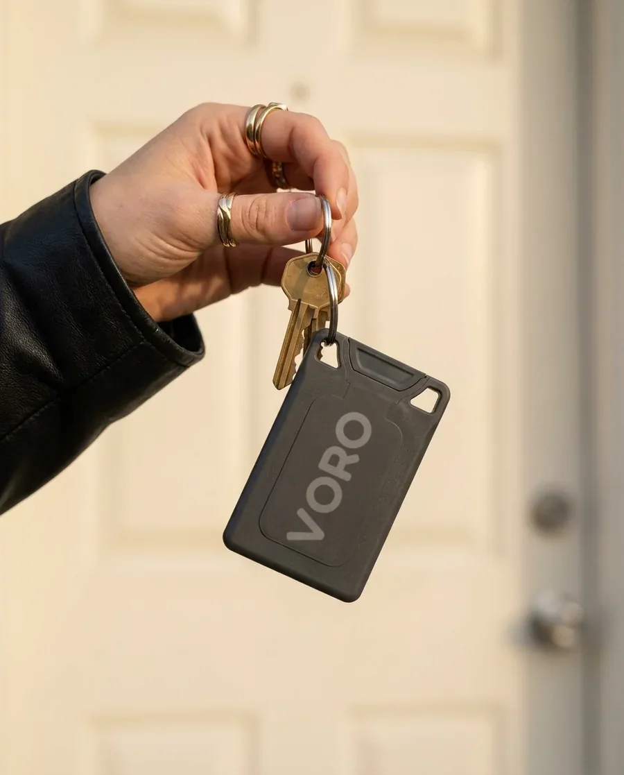 The charcoal VORO card hanging from a keyring held up to a door.