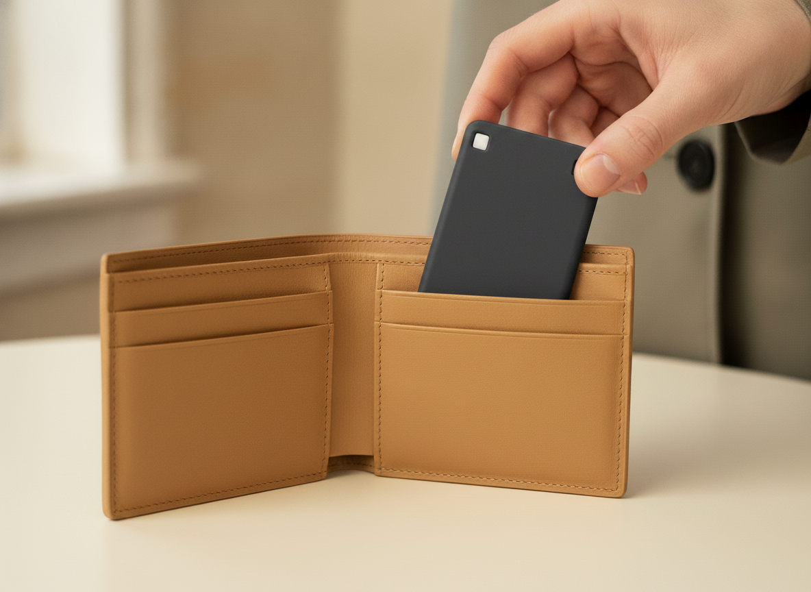 A charcoal VORO lip balm sliding into a compatible slim card holder.