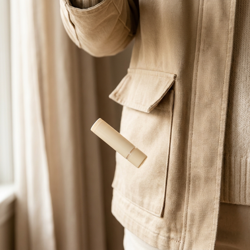 A round lip balm tube slipping out of a jacket pocket.