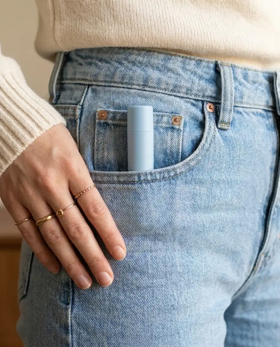 A round lip balm tube sticking out of the front pocket of light jeans.